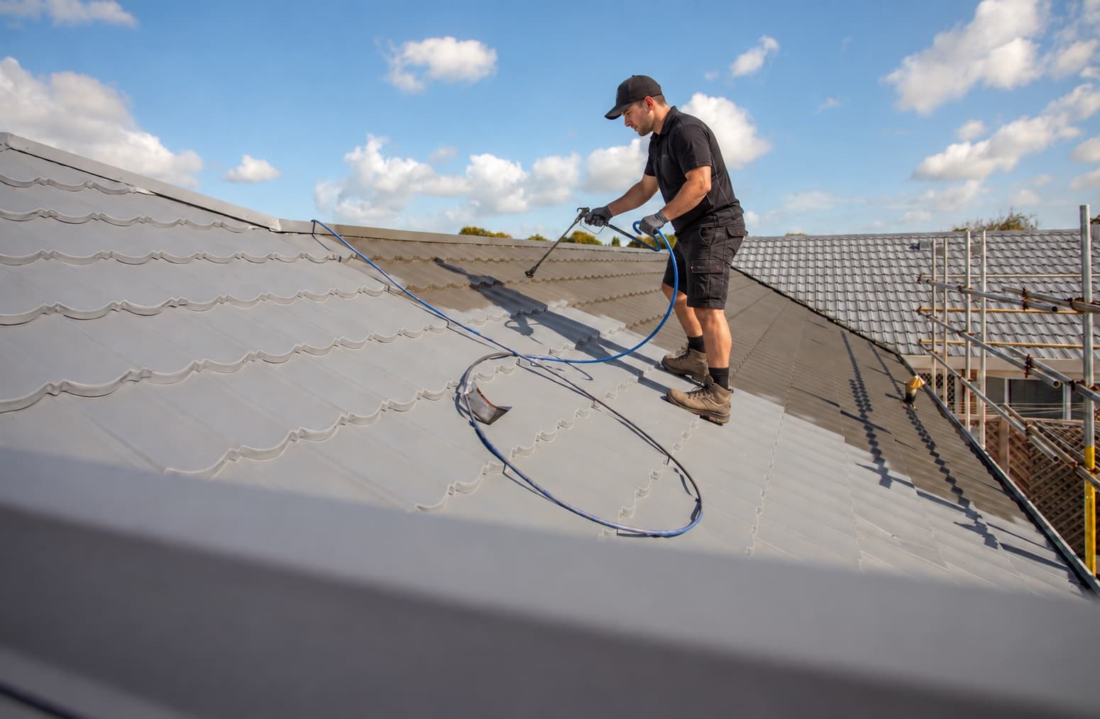 Roof coating being spray applied on a residential roof
