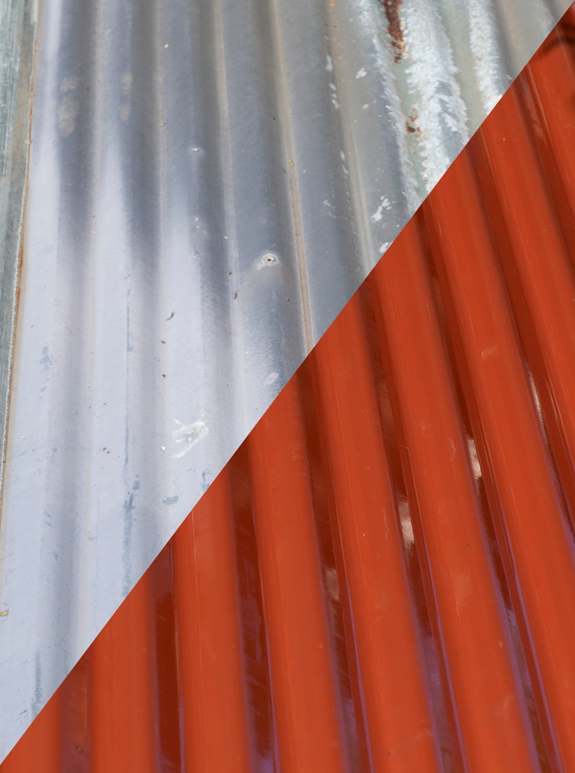 Close-up of a leaking long-run iron roof being inspected and repaired