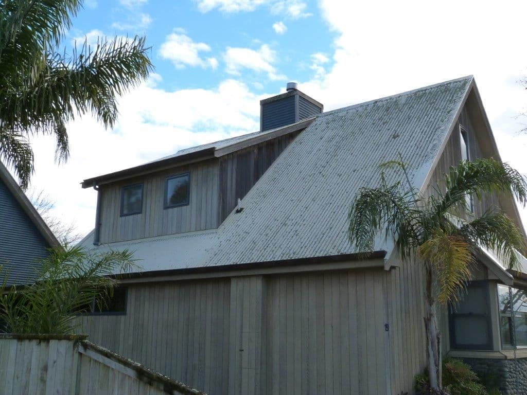 Technician cleaning moss and lichen from a long-run iron roof in New Zealand