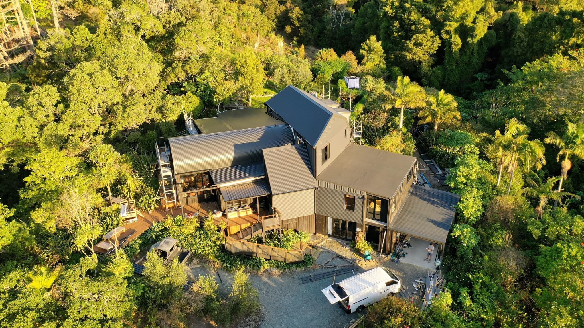 Aerial top-down view of the completed complex re-cladding and roof replacement project showing multiple roof planes in ColorCote MagnaFlow