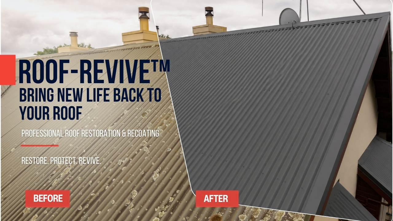 Roof-Revive™ before and after graphic showing a weathered painted metal roof and its restored finish